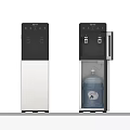 Modern Black And Silver Water Dispenser With Open Closed Door And Blue Water Bottle Inside