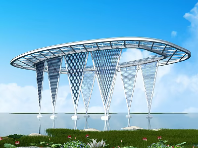 Modern Pergola with Curved Transparent Roof Geometric Cone Supports Over Waterfront Under Blue Sky 3d model