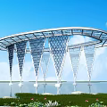 Modern Pergola with Curved Transparent Roof Geometric Cone Supports Over Waterfront Under Blue Sky