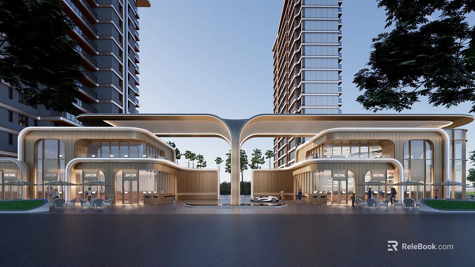 Modern Architectural Entrance With Arch Design Glass Facade High Rise Buildings And Outdoor Trees 3d model 