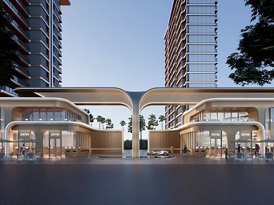 Modern Architectural Entrance With Arch Design Glass Facade High Rise Buildings And Outdoor Trees 3d model