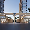 Modern Architectural Entrance With Arch Design Glass Facade High Rise Buildings And Outdoor Trees
