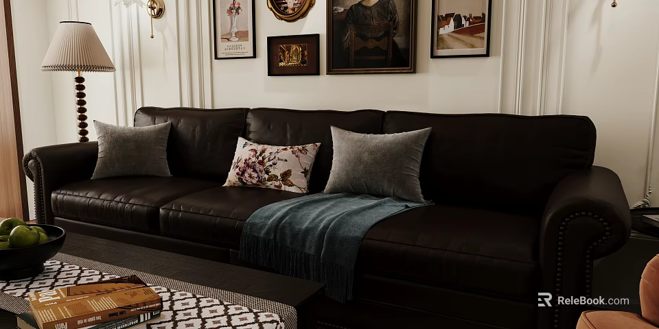 Retro Dark Brown Genuine Leather Three Seater Sofa With Decorative Pillows For Cozy Living Room 3d model 