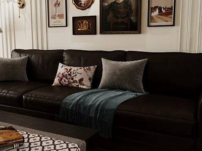 Retro Dark Brown Genuine Leather Three Seater Sofa With Decorative Pillows For Cozy Living Room 3d model