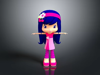 Cartoon Girl With Blue Hair Pink Headband White Flower Pink Dress Open Arms 3d model