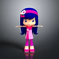 Cartoon Girl With Blue Hair Pink Headband White Flower Pink Dress Open Arms