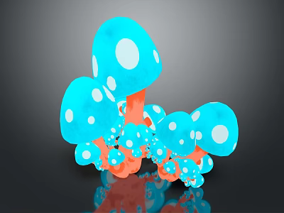 Colorful Vegetable Mushrooms with Blue Caps White Spots Orange Stems Various Sizes and Reflection 3d model