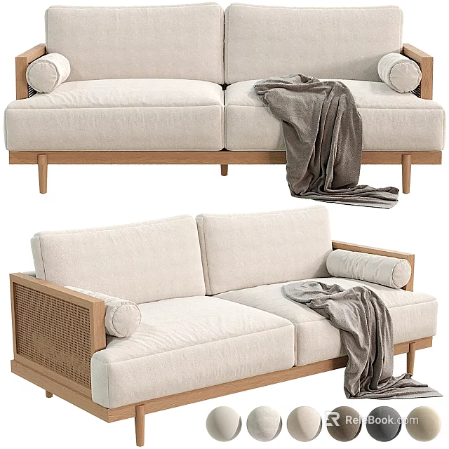 Modern Two Seater Sofa With Light Linen Fabric Wooden Frame Woven Details And Gray Blanket 3d model 