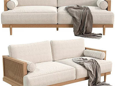 Modern Two Seater Sofa With Light Linen Fabric Wooden Frame Woven Details And Gray Blanket 3d model