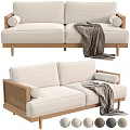 Modern Two Seater Sofa With Light Linen Fabric Wooden Frame Woven Details And Gray Blanket