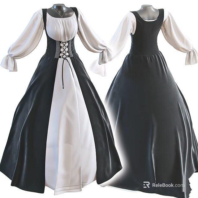 Elegant Black And White And Black Long Dresses With Corset Design And Long Sleeves 3d model 