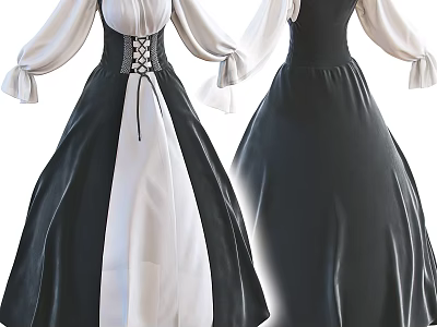 Elegant Black And White And Black Long Dresses With Corset Design And Long Sleeves 3d model