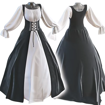 Elegant Black And White And Black Long Dresses With Corset Design And Long Sleeves 3d model