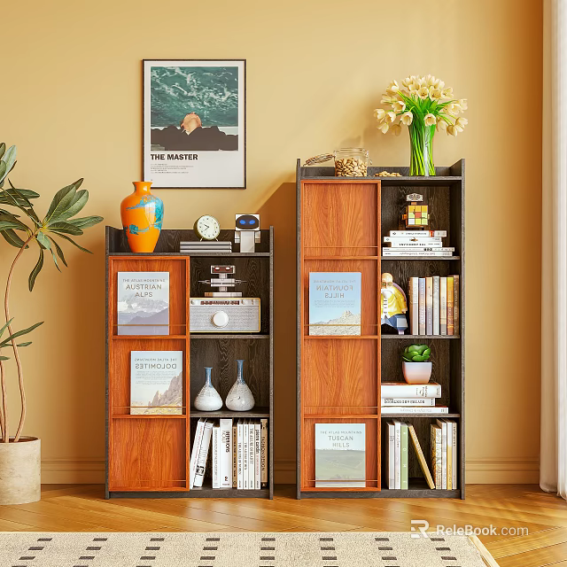 Wooden Bookcases With Books Decorative Vase Potted Plant And Wall Art 3d model 