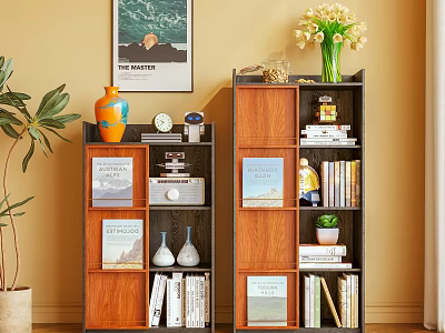 Wooden Bookcases With Books Decorative Vase Potted Plant And Wall Art 3d model
