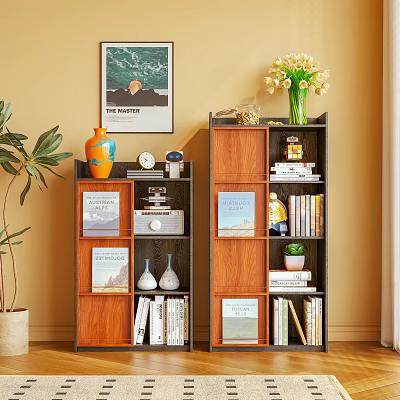 Wooden Bookcases With Books Decorative Vase Potted Plant And Wall Art 3d model