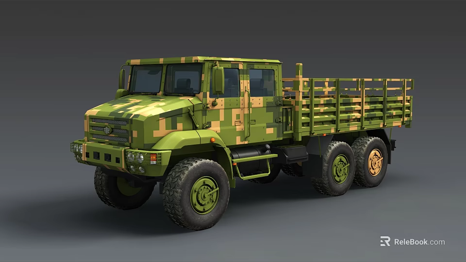 Camouflage Military Utility Truck with Open Flatbed Cargo Bed and Multiple Off-Road Wheels Design 3d model 