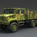 Camouflage Military Utility Truck with Open Flatbed Cargo Bed and Multiple Off-Road Wheels Design