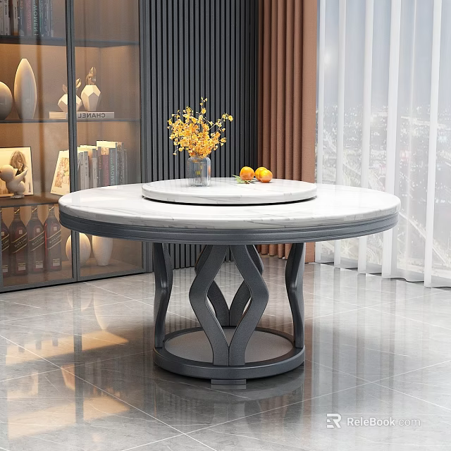 Round Marble Top Dining Table with Black Base Vase Yellow Flowers Oranges City Night View 3d model 