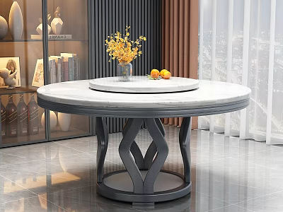 Round Marble Top Dining Table with Black Base Vase Yellow Flowers Oranges City Night View 3d model