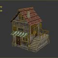 Small House Model With Red Tiled Roof Stone Walls Green Striped Awning And Wooden Door