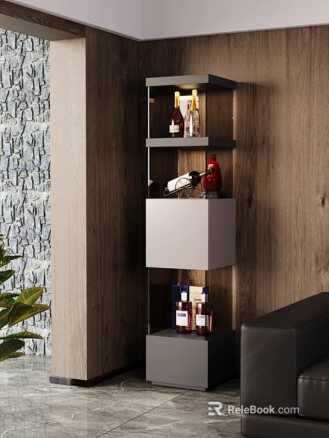 Modern Wine Cabinet Interior Design With Wooden Wall White Shelves Holding Wine Bottles And Glasses 3d model 