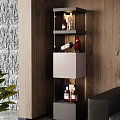 Modern Wine Cabinet Interior Design With Wooden Wall White Shelves Holding Wine Bottles And Glasses