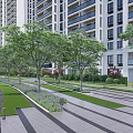 Modern Residential Landscape Design With High Rise Buildings Lush Green Trees And Pedestrian Pathways