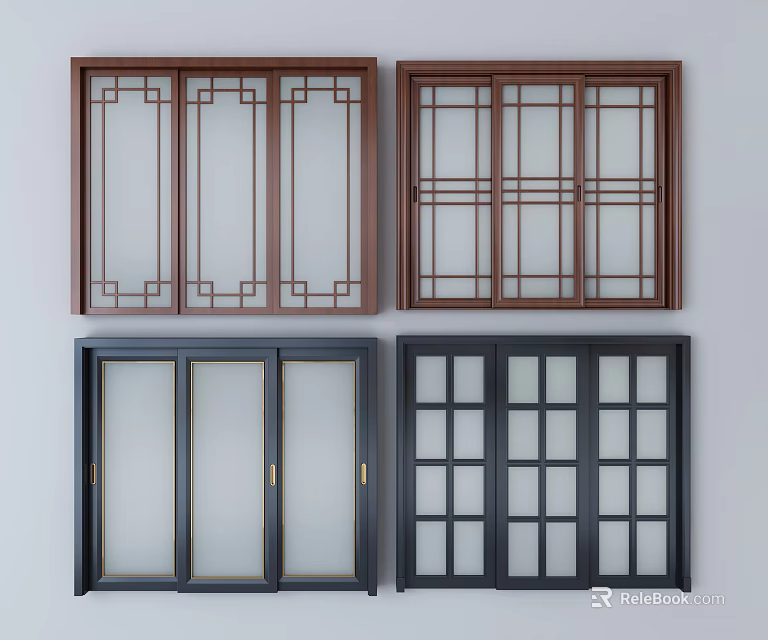 Various Design Sliding Doors With Wooden Frames Glass Panels And Grid Patterns 3d model