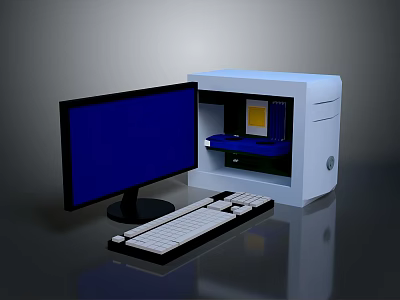 Modern Desktop Computer Setup With Black Monitor Blue Screen White Tower And Keyboard 3d model