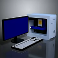 Modern Desktop Computer Setup With Black Monitor Blue Screen White Tower And Keyboard