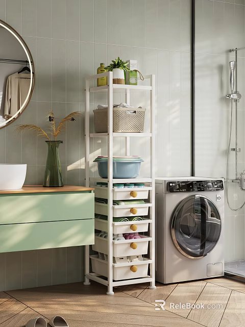 White Storage Rack in Bathroom Laundry Space with Storage Baskets Organizer Boxes and Washing Machine 3d model