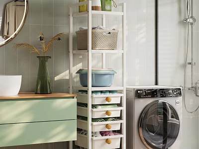 White Storage Rack in Bathroom Laundry Space with Storage Baskets Organizer Boxes and Washing Machine 3d model