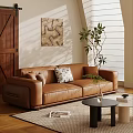 Multi Seater Brown Leather Sofa With Patterned Cushions Coffee Table And Potted Plant 3d model