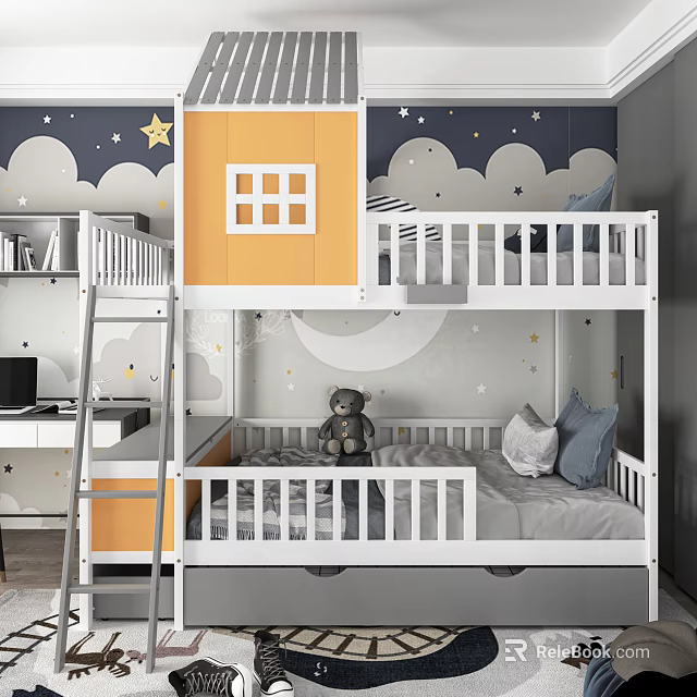 Kids Room Bunk Bed With Yellow House Design Clouds Stars And Moon Decor 3d model 
