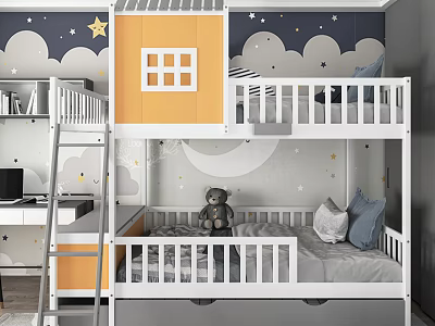 Kids Room Bunk Bed With Yellow House Design Clouds Stars And Moon Decor 3d model