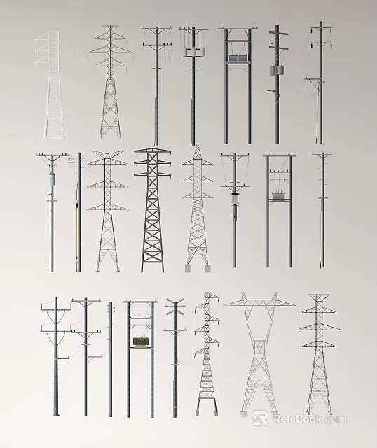 Various Designs Of Electrical Transmission Towers And Utility Poles For Power Lines 3d model 