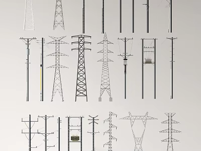 Various Designs Of Electrical Transmission Towers And Utility Poles For Power Lines 3d model