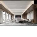 Modern Bright Spacious Conference Room With Wooden Panels Long Meeting Table And Ergonomic Office Chairs