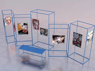 Blue Metal Frame Display Stands With Colorful Artworks And Blue Bench In Modern Exhibition Space 3d model