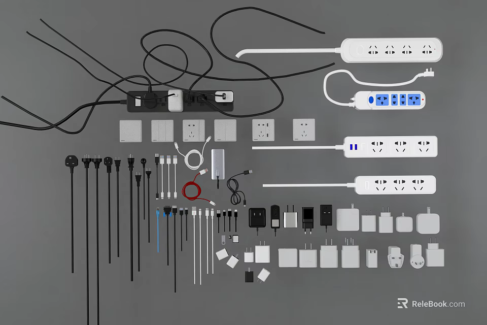 Various Switch Panels With Power Sockets Cables Plugs And Accessories 3d model 