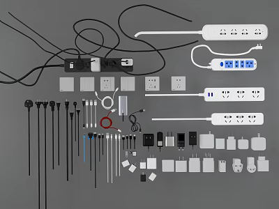 Various Switch Panels With Power Sockets Cables Plugs And Accessories 3d model