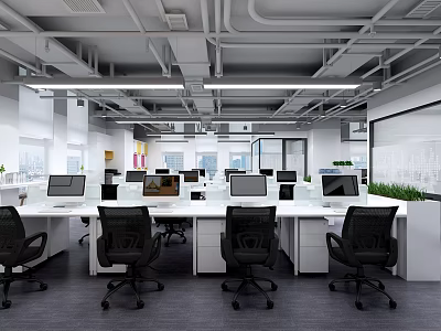 Modern Open Public Office Space Interior With White Desks Computers And Black Office Chairs 3d model
