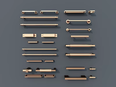Various Golden Cabinet Handles with Different Styles Sizes and Designs on Gray Background 3d model