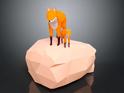 Geometric Fox Figurines Parent and Baby Standing on Pink Polygonal Stone 3d model
