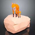 Geometric Fox Figurines Parent and Baby Standing on Pink Polygonal Stone