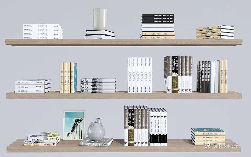 Books And Magazines Collection On Wooden Bookshelves With Decorative Items 3d model 