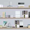 Books And Magazines Collection On Wooden Bookshelves With Decorative Items