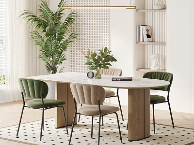 Modern Dining Table Set With Marble Top Wooden Legs Green Beige Chairs And Green Plants 3d model