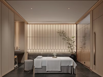 Luxurious SPA Sauna Interior With Massage Bed White Sheets Wooden Elements And Green Plant 3d model